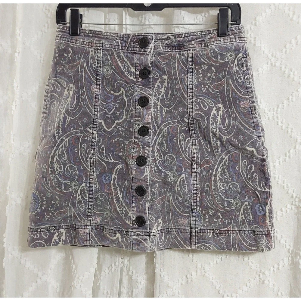 Knox Rose Womens Size 6 Paisley Corduroy Button Front Mini Skirt Purple Gray